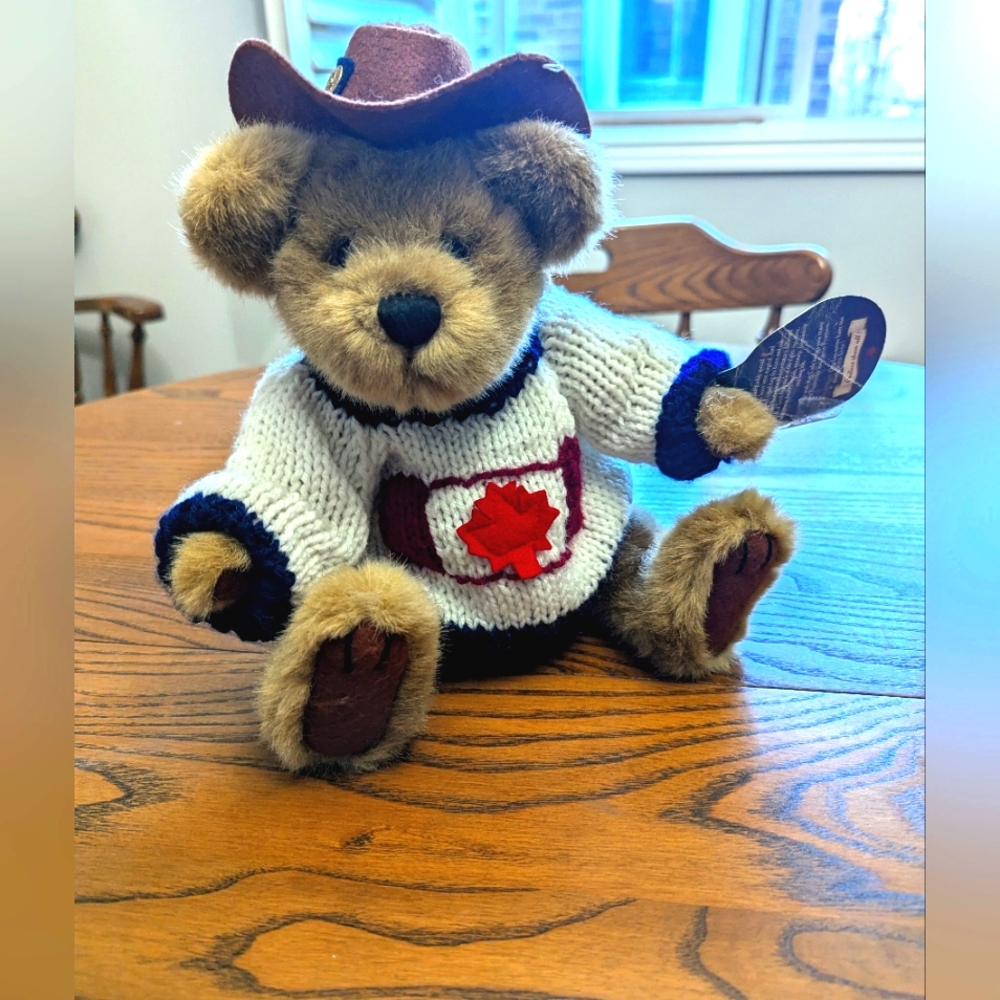 Brass Button puckford Bear. Cody. Cowboy Teddy Bear with Canadian Sweater. GUC.